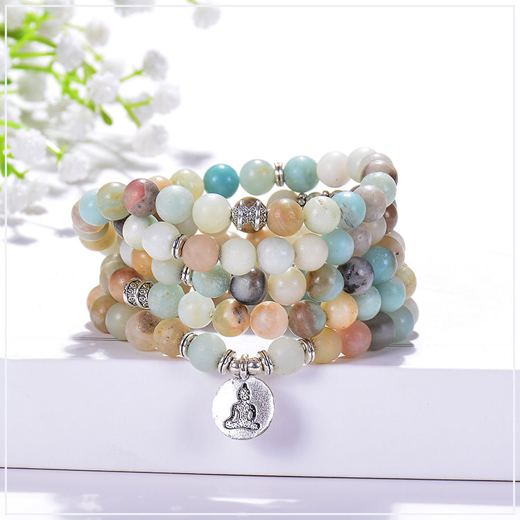 Chanting Mala Prayer Amazonite 108 Beads Meditation Buddhist Necklace Bracelet, Tibetan Prayer Beads, OM/Yoga/Tree of Life/Lotus Flower