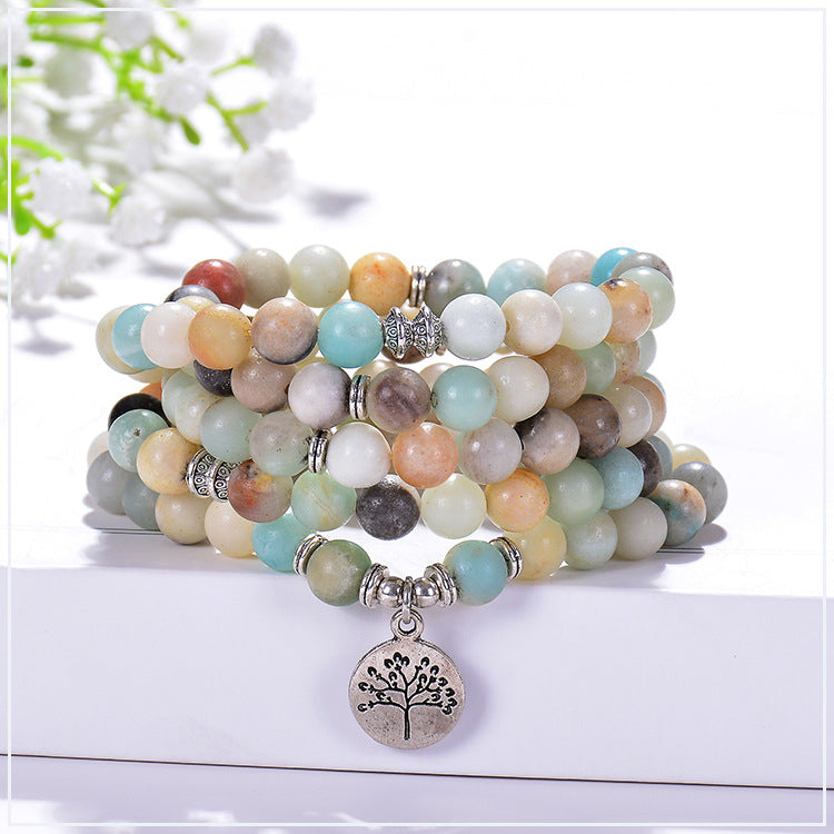 Chanting Mala Prayer Amazonite 108 Beads Meditation Buddhist Necklace Bracelet, Tibetan Prayer Beads, OM/Yoga/Tree of Life/Lotus Flower