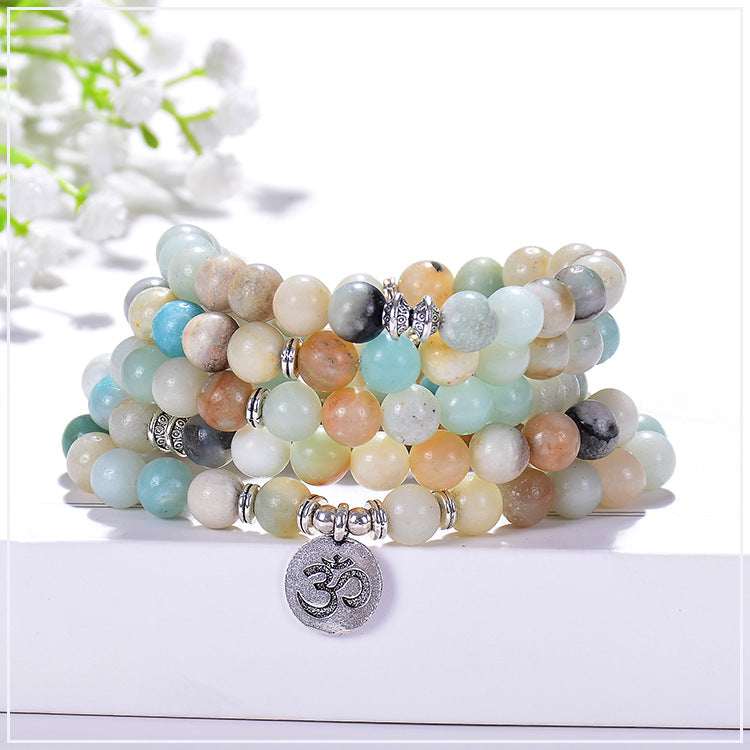 Chanting Mala Prayer Amazonite 108 Beads Meditation Buddhist Necklace Bracelet, Tibetan Prayer Beads, OM/Yoga/Tree of Life/Lotus Flower