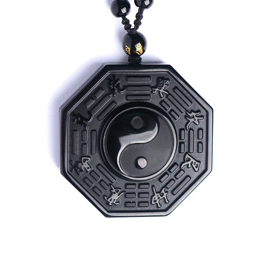 Natural Obsidian Yin Yang Pendant Necklace Lucky Amulet, Protection Pendant with Adjustable Bead Chain