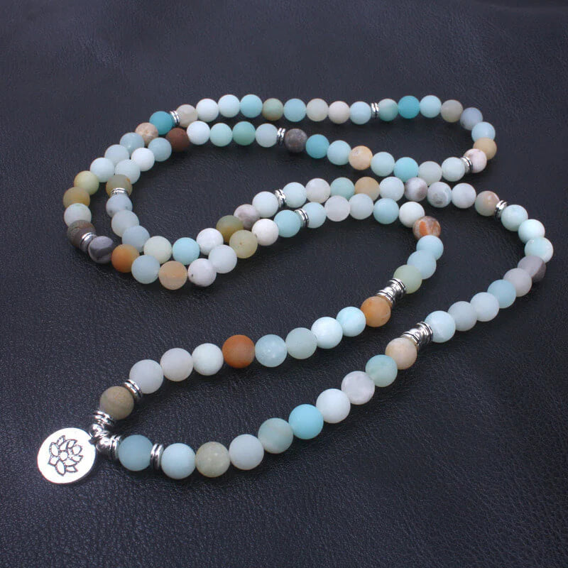 Chanting Mala Prayer Amazonite 108 Beads Meditation Buddhist Necklace Bracelet, Tibetan Prayer Beads, OM/Yoga/Tree of Life/Lotus Flower