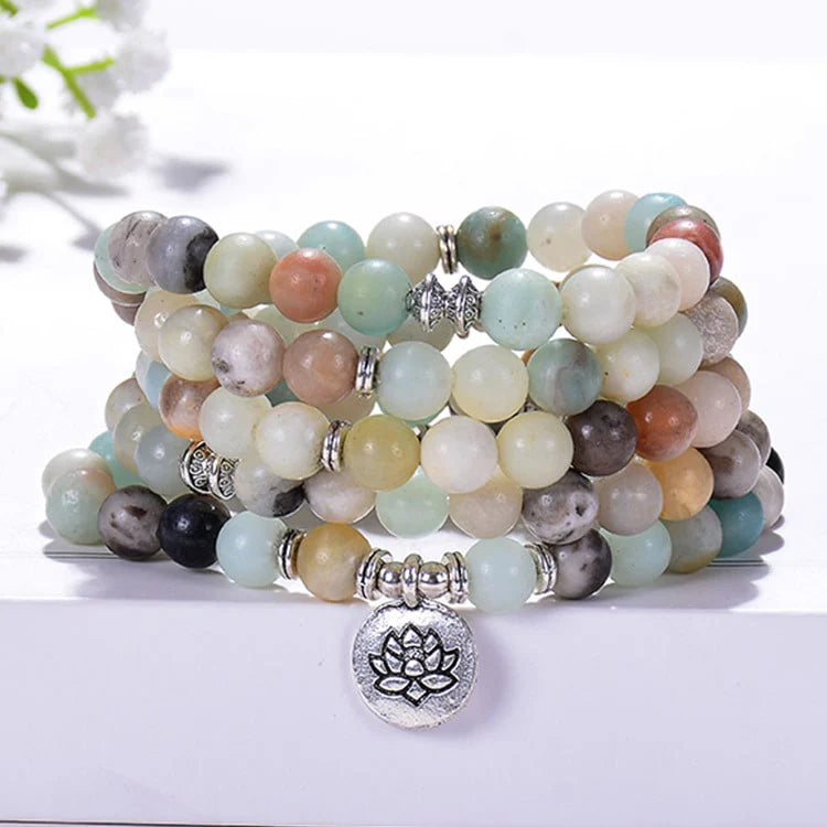 Chanting Mala Prayer Amazonite 108 Beads Meditation Buddhist Necklace Bracelet, Tibetan Prayer Beads, OM/Yoga/Tree of Life/Lotus Flower