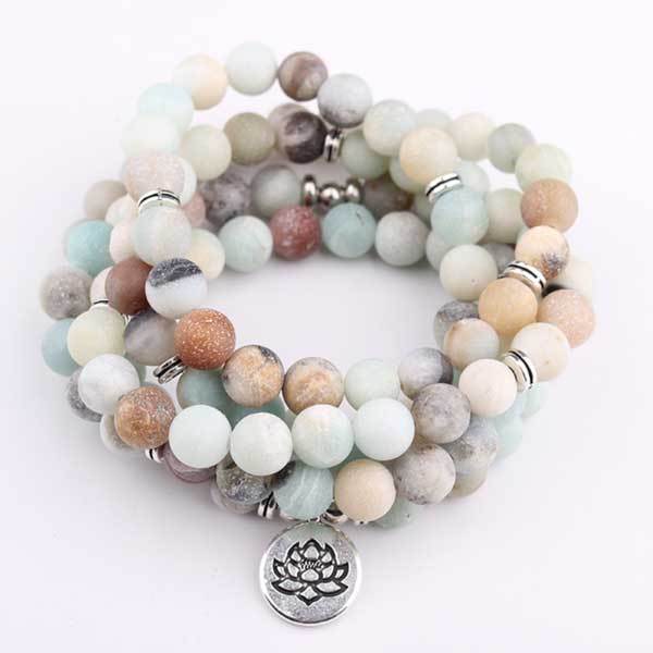 Chanting Mala Prayer Amazonite 108 Beads Meditation Buddhist Necklace Bracelet, Tibetan Prayer Beads, OM/Yoga/Tree of Life/Lotus Flower