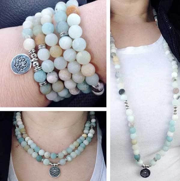 Chanting Mala Prayer Amazonite 108 Beads Meditation Buddhist Necklace Bracelet, Tibetan Prayer Beads, OM/Yoga/Tree of Life/Lotus Flower