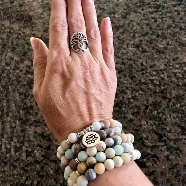 Chanting Mala Prayer Amazonite 108 Beads Meditation Buddhist Necklace Bracelet, Tibetan Prayer Beads, OM/Yoga/Tree of Life/Lotus Flower