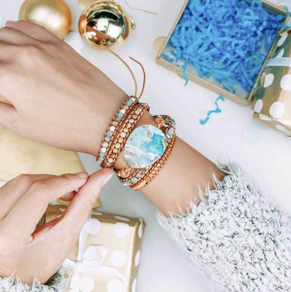 Women Leather Boho Bracelet, Unique Mixed Azure Gilded Natural Stone Beaded Druzy Tree of Life Statement Cuff Healing Ocean Jasper Leather 5 Wraps Bead Bracelets