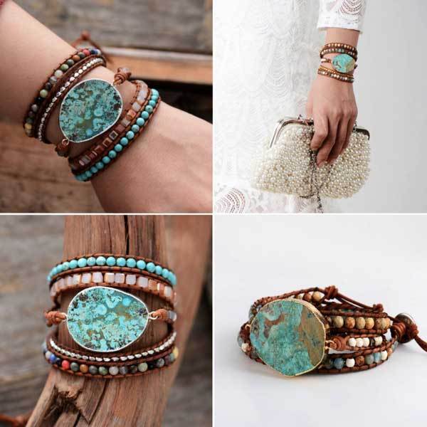 Women Leather Boho Bracelet, Unique Mixed Azure Gilded Natural Stone Beaded Druzy Tree of Life Statement Cuff Healing Ocean Jasper Leather 5 Wraps Bead Bracelets