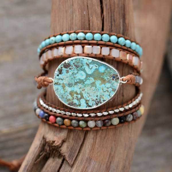 Women Leather Boho Bracelet, Unique Mixed Azure Gilded Natural Stone Beaded Druzy Tree of Life Statement Cuff Healing Ocean Jasper Leather 5 Wraps Bead Bracelets