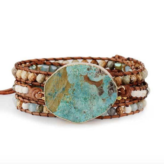 Women Leather Boho Bracelet, Unique Mixed Azure Gilded Natural Stone Beaded Druzy Tree of Life Statement Cuff Healing Ocean Jasper Leather 5 Wraps Bead Bracelets