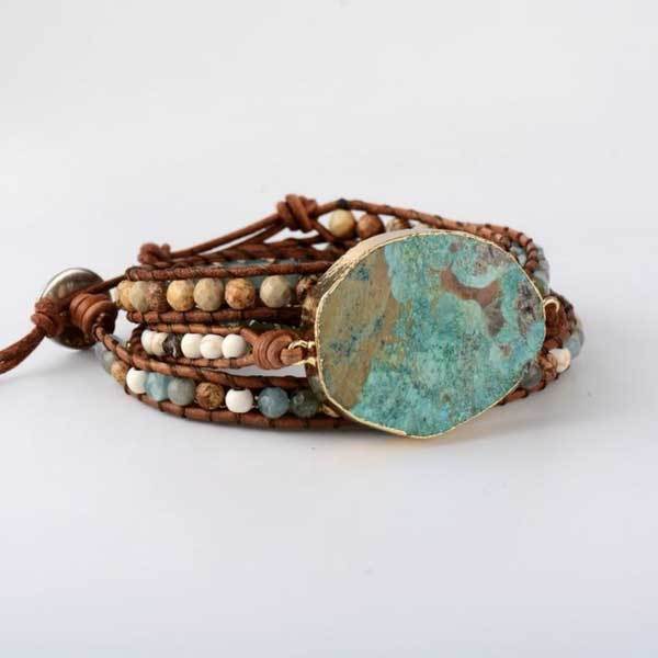 Women Leather Boho Bracelet, Unique Mixed Azure Gilded Natural Stone Beaded Druzy Tree of Life Statement Cuff Healing Ocean Jasper Leather 5 Wraps Bead Bracelets