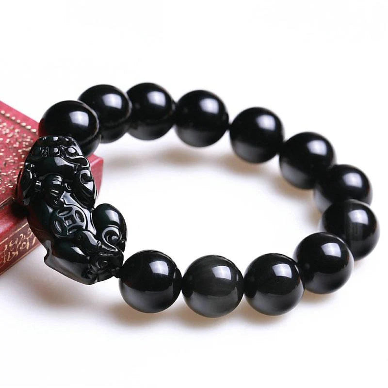 Feng Shui Black Obsidian Pixiu Wealth Bracelet, Hand Carved Stone Bead with Pixiu Amulet Attract Good Luck