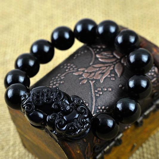 Feng Shui Black Obsidian Pixiu Wealth Bracelet, Hand Carved Stone Bead with Pixiu Amulet Attract Good Luck