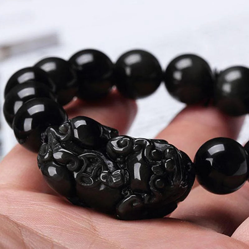 Feng Shui Black Obsidian Pixiu Wealth Bracelet, Hand Carved Stone Bead with Pixiu Amulet Attract Good Luck