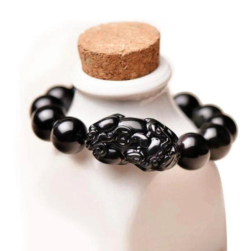 Feng Shui Black Obsidian Pixiu Wealth Bracelet, Hand Carved Stone Bead with Pixiu Amulet Attract Good Luck