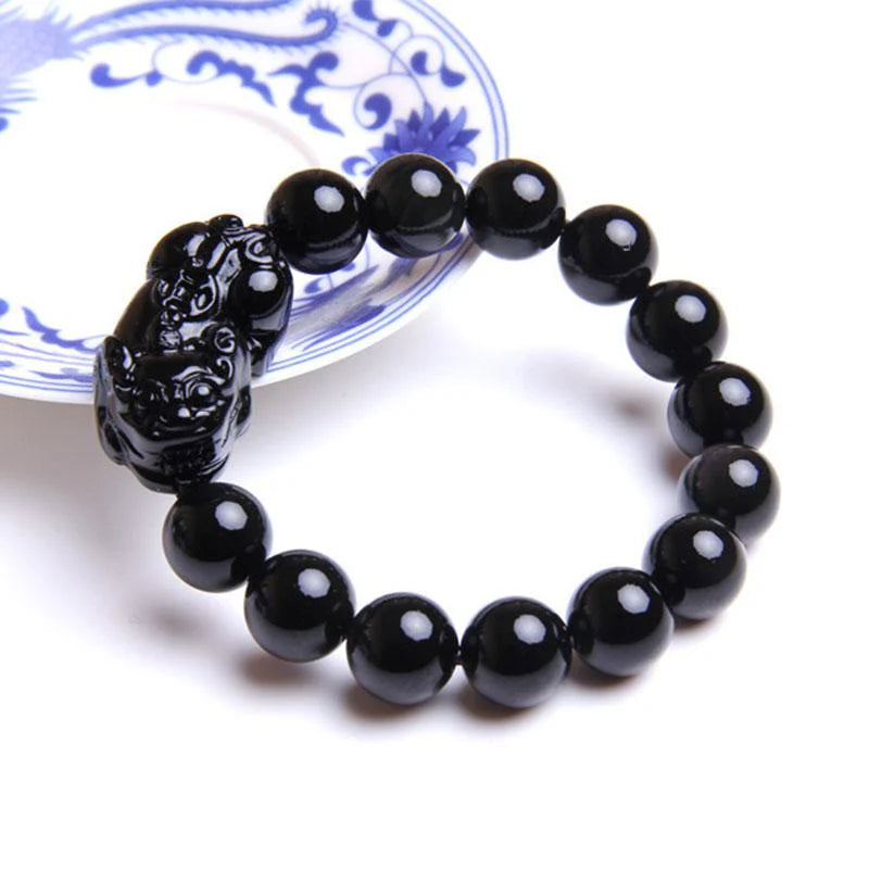 Feng Shui Black Obsidian Pixiu Wealth Bracelet, Hand Carved Stone Bead with Pixiu Amulet Attract Good Luck