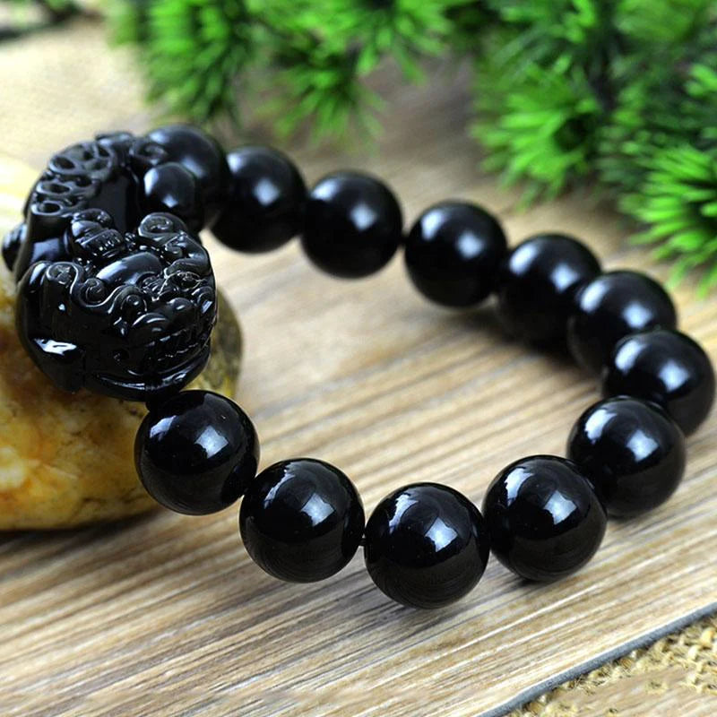 Feng Shui Black Obsidian Pixiu Wealth Bracelet, Hand Carved Stone Bead with Pixiu Amulet Attract Good Luck