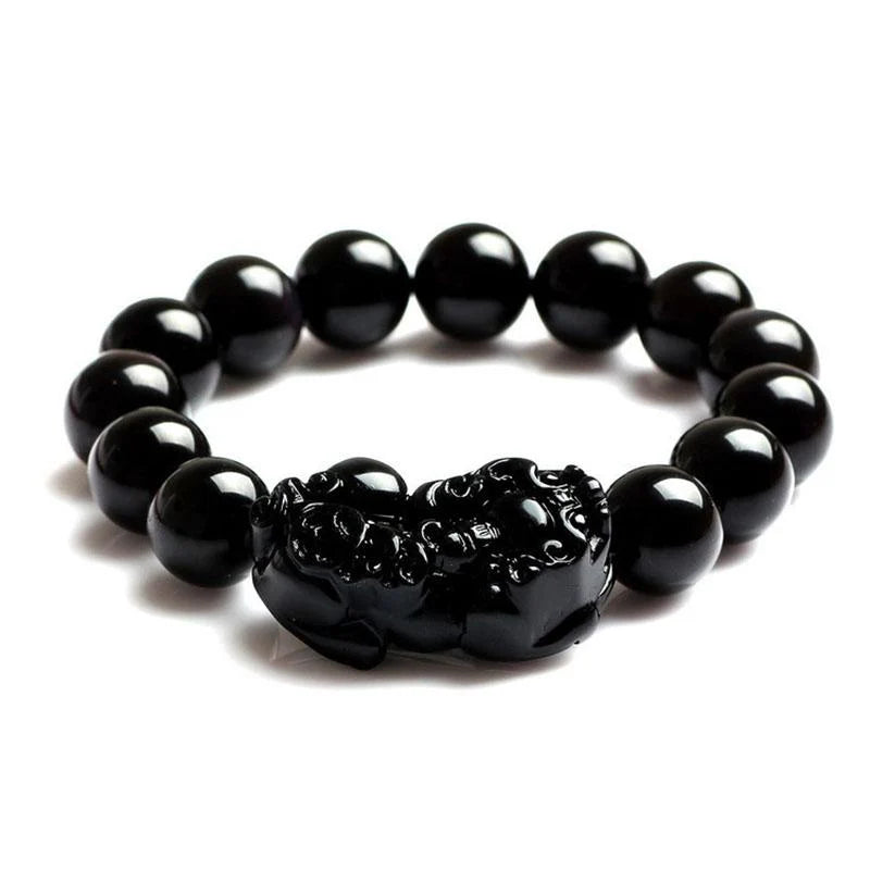 Feng Shui Black Obsidian Pixiu Wealth Bracelet, Hand Carved Stone Bead with Pixiu Amulet Attract Good Luck