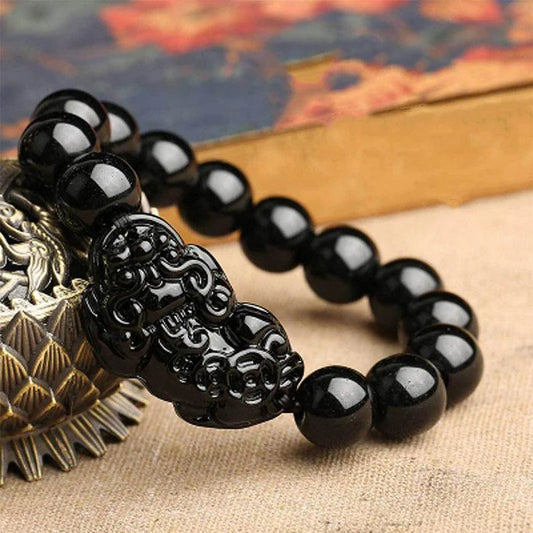 Feng Shui Black Obsidian Pixiu Wealth Bracelet, Hand Carved Stone Bead with Pixiu Amulet Attract Good Luck