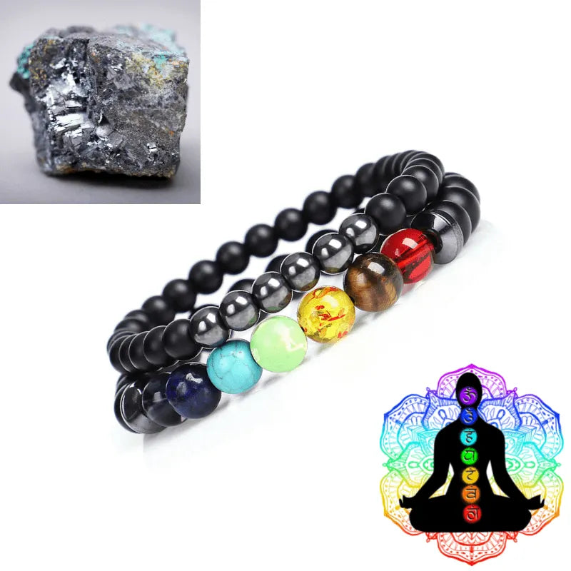 Hematite 7 Chakra Bracelet Set, Reiki Healing Natural Stone Beads Stretchable Unisex Bracelets Set for Women and Men, Inspire Wellness & Health