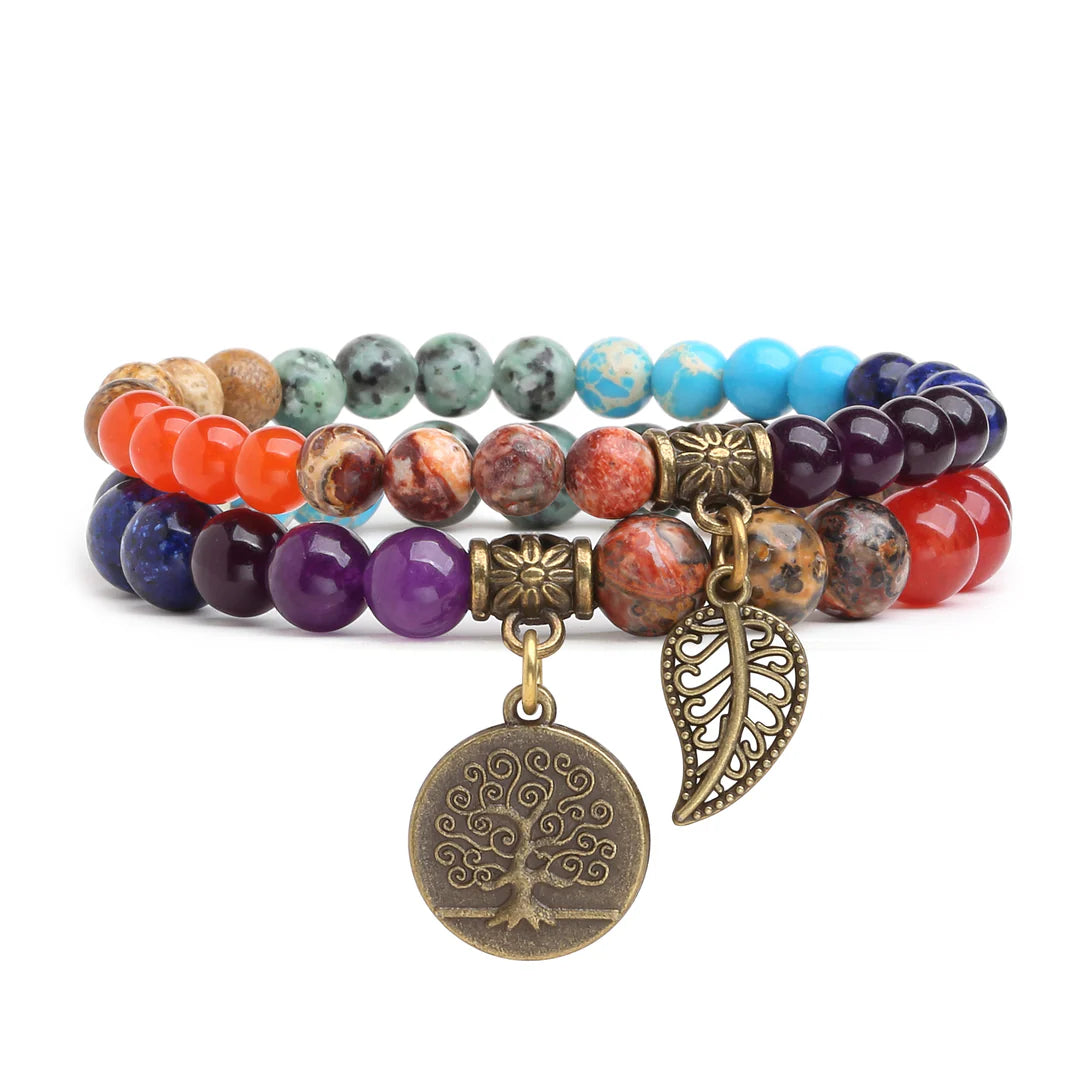 Natural Semi Precious Gemstone Beads Bracelet, Tree of Life and Leaf Charm Double-Layered Chakra Beads Energy Healing Anxiety Stretch Bracelets