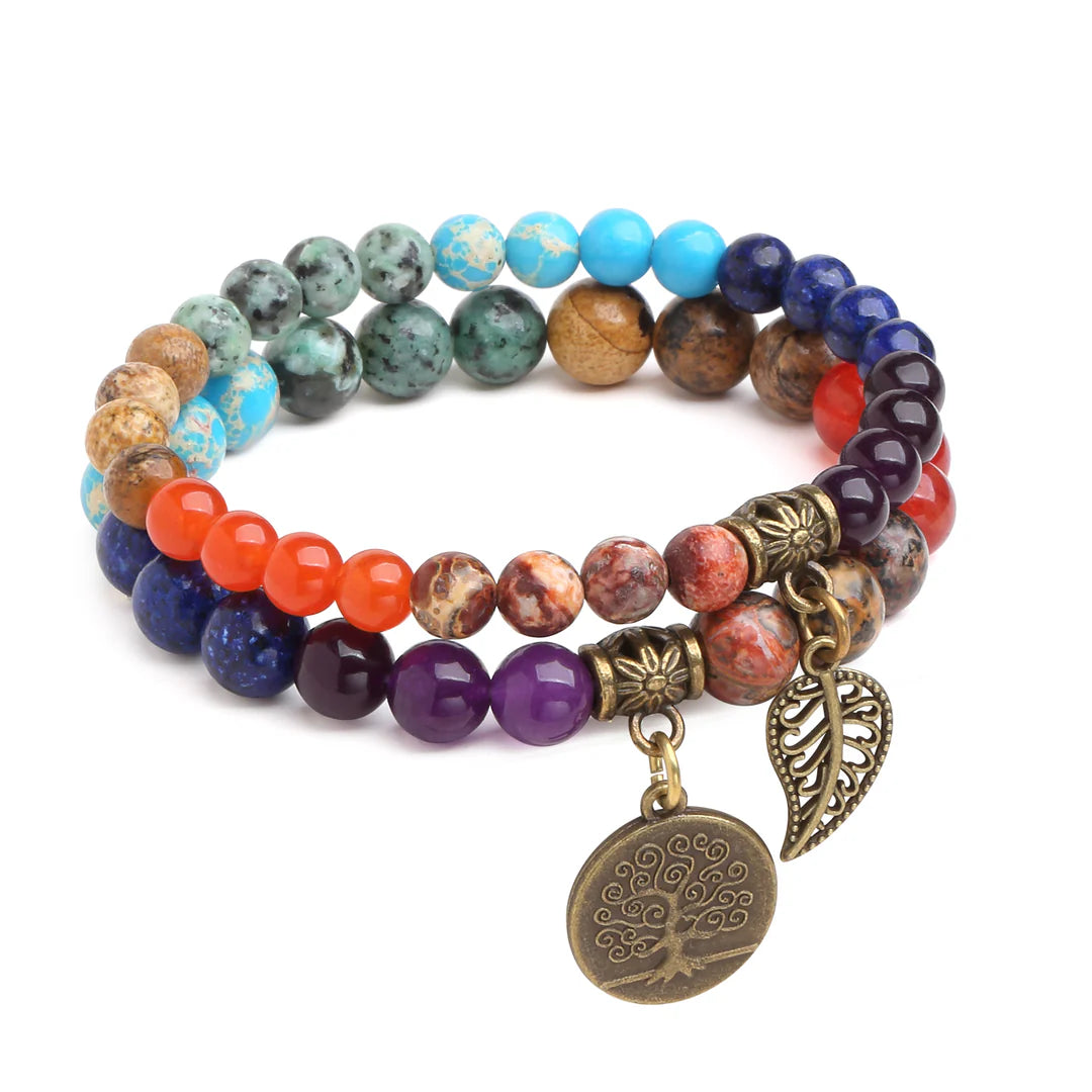 Natural Semi Precious Gemstone Beads Bracelet, Tree of Life and Leaf Charm Double-Layered Chakra Beads Energy Healing Anxiety Stretch Bracelets