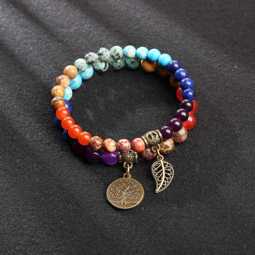 Natural Semi Precious Gemstone Beads Bracelet, Tree of Life and Leaf Charm Double-Layered Chakra Beads Energy Healing Anxiety Stretch Bracelets