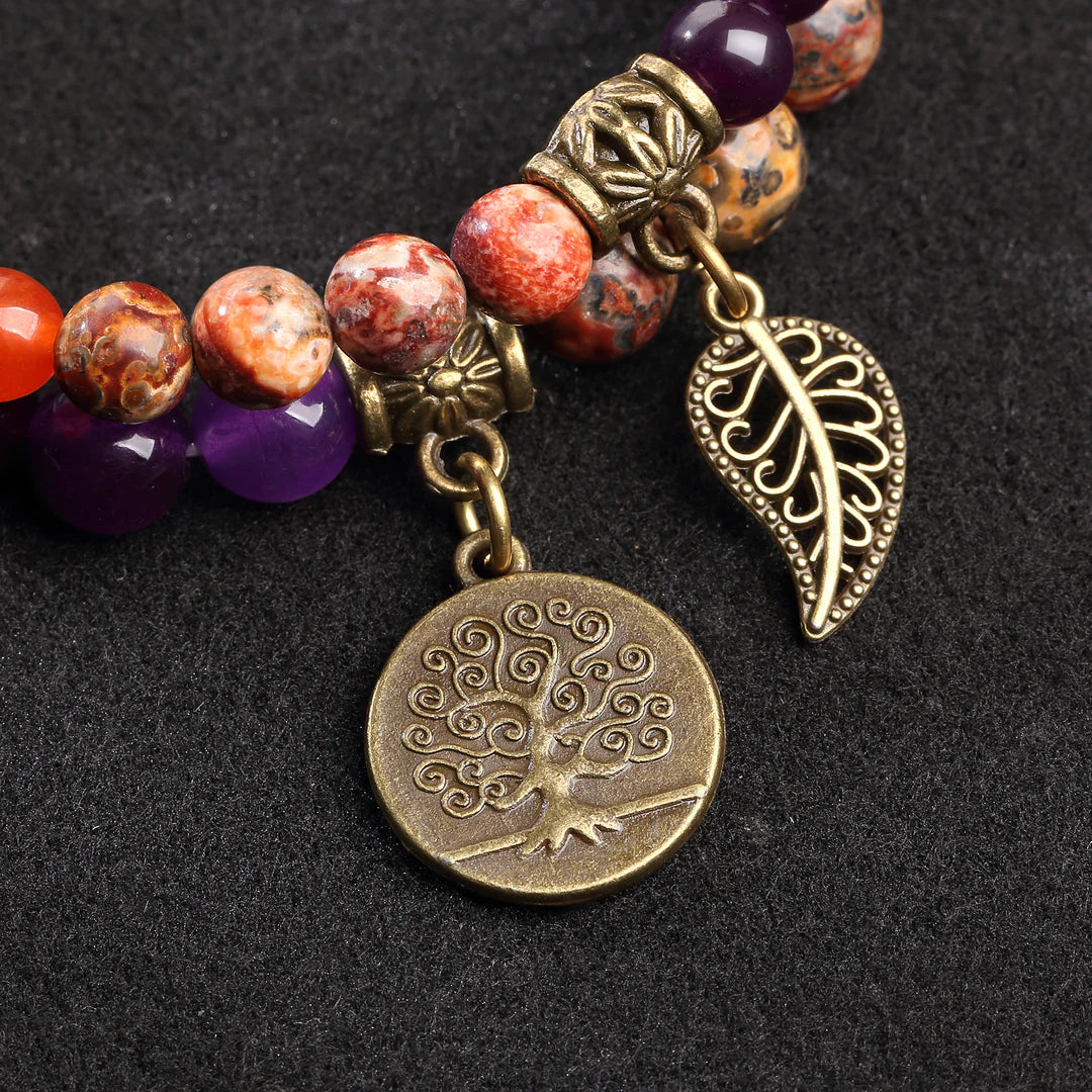 Natural Semi Precious Gemstone Beads Bracelet, Tree of Life and Leaf Charm Double-Layered Chakra Beads Energy Healing Anxiety Stretch Bracelets