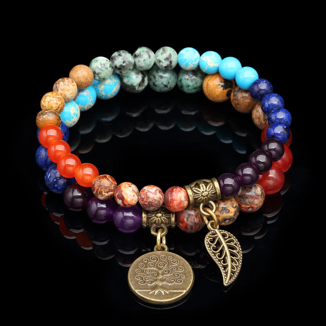 Natural Semi Precious Gemstone Beads Bracelet, Tree of Life and Leaf Charm Double-Layered Chakra Beads Energy Healing Anxiety Stretch Bracelets