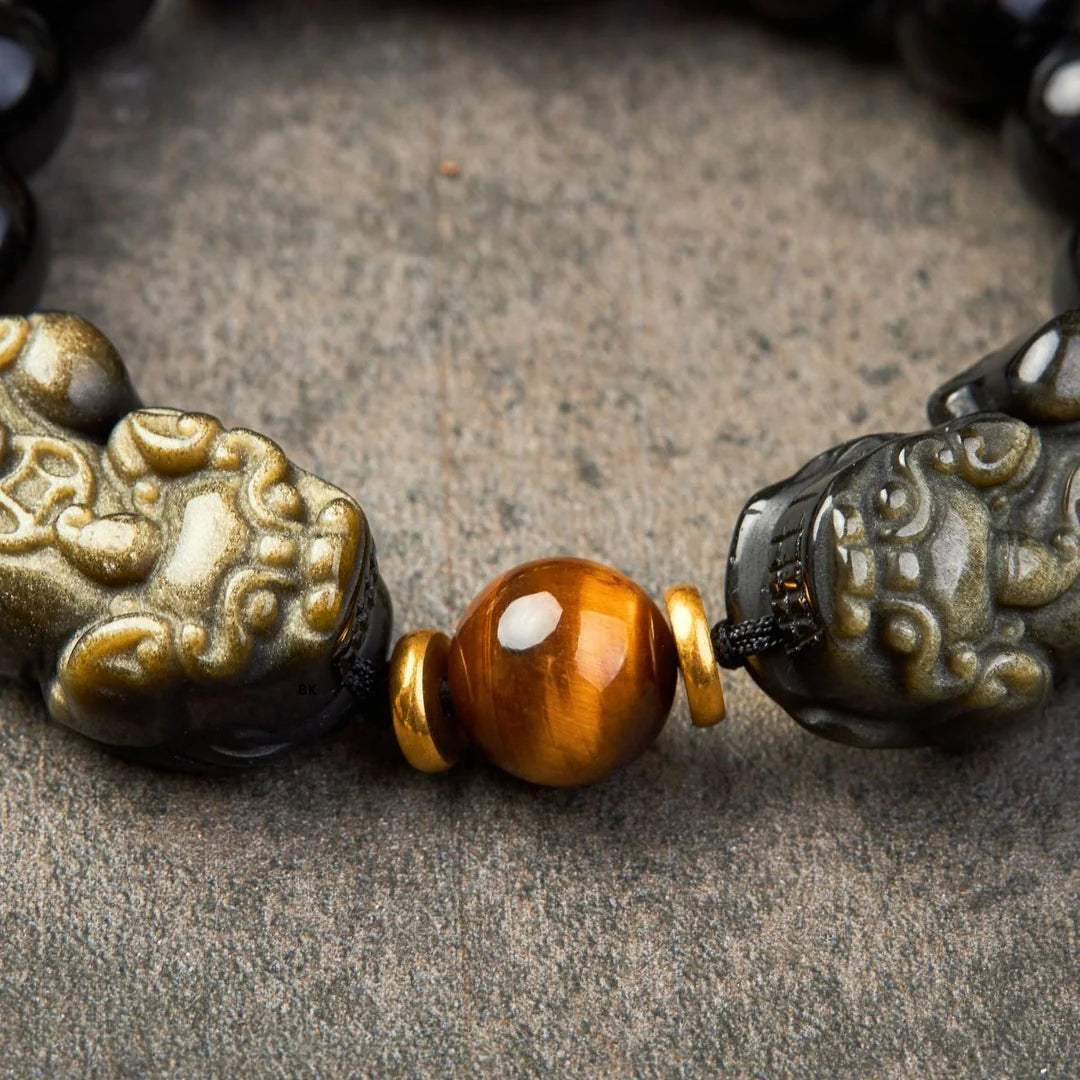 Natural Gold Obsidian Double Pixiu Bracelet, Natural Ice Obisidian Heart Sutra Carved Tiger Eye Stone Talisman Peace Prospertity Money Giftable Men Women, Feng Shui Wealth Bracelet