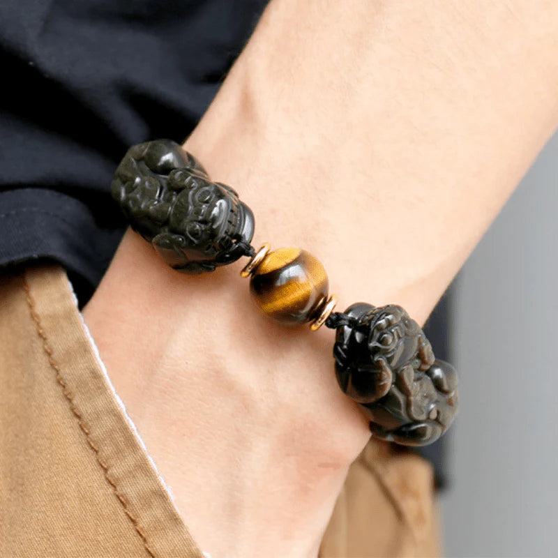 Natural Gold Obsidian Double Pixiu Bracelet, Natural Ice Obisidian Heart Sutra Carved Tiger Eye Stone Talisman Peace Prospertity Money Giftable Men Women, Feng Shui Wealth Bracelet