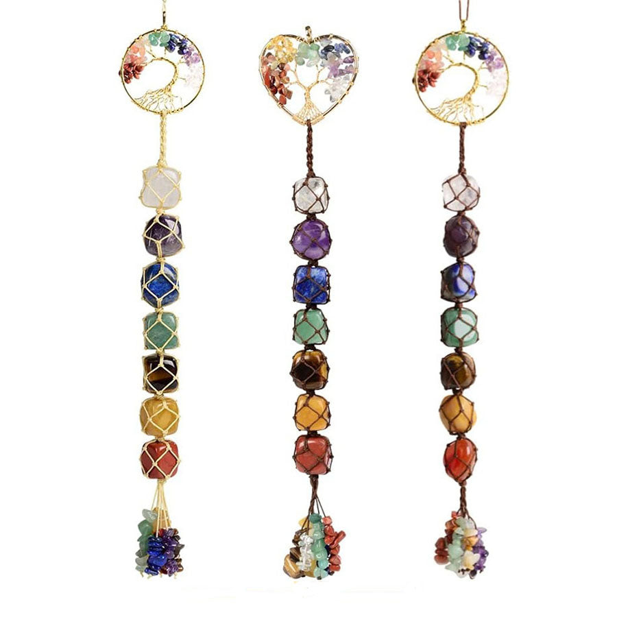 7 Chakra Home Decoration Feng Shui Ornament, Tree of Life Crystal Window Wall Hanging Ornaments, Yoga Meditation Decoration Tumbled Palm Stones