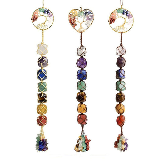 7 Chakra Home Decoration Feng Shui Ornament, Tree of Life Crystal Window Wall Hanging Ornaments, Yoga Meditation Decoration Tumbled Palm Stones