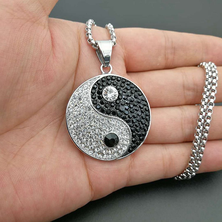 Yin Yang Aumlet Pendant Necklace, Gold/Silver Stainless Steel Chains For Women Men, Hip Hop Iced Out Bling Gossip Necklaces