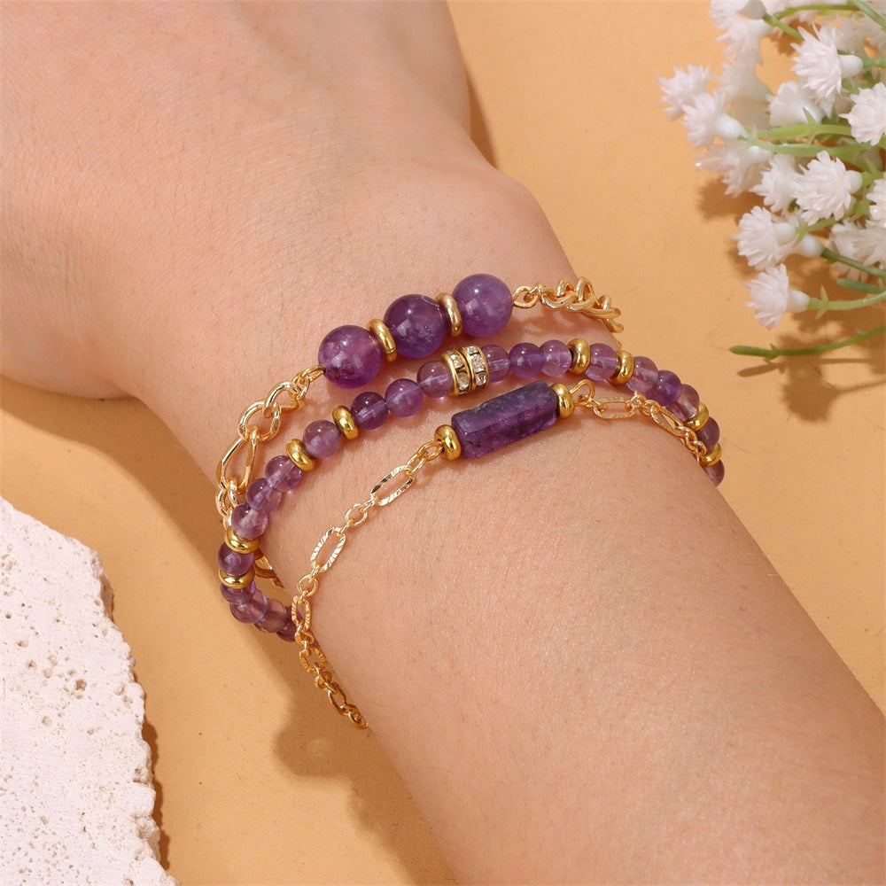 3pcs/set Natural Amethysts Bracelet, 18K Gold Color Chain Rose Pink Quartzs Bracelet Set For Women, Healing Energy Yoga Bracelets