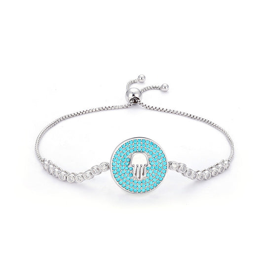 Blue Evil eye Hamsa hand bracelets in 925 Sterling silver with turquoise zirconia tennis chain