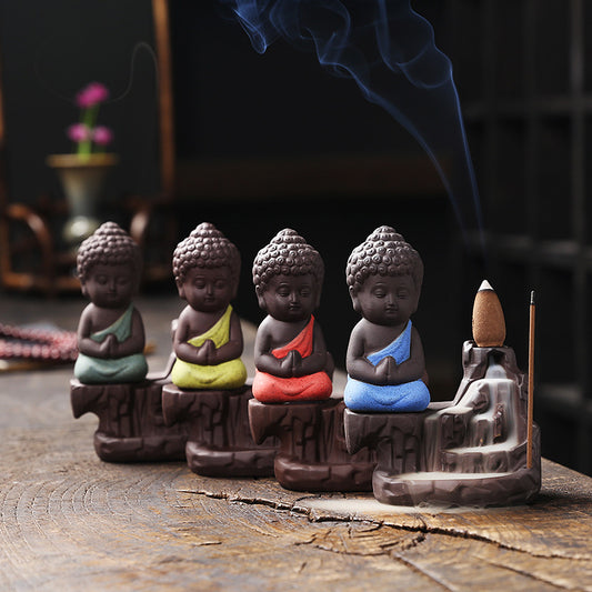 Microfiber Meditating Monk Buddha Smoke Backflow Cone Incense Holder with 10 Scented Cone, Monk Buddha Idol Statues for Home Decor Items Mandir Decorative