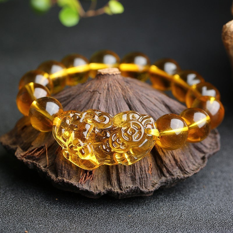 Feng Shui 12mm Citrine Gem Stone Wealth Porsperity Bracelet with Pi Xiu/Pi Yao, Attract Good Luck And Wealth