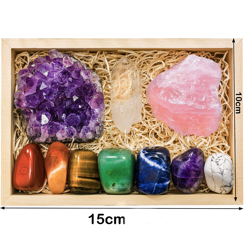 Premium Grade Crystals and Healing Stones in Wooden Display Box, Rose Quartz, Amethyst Crystal, 7 Tumbled Chakra Gemstones, Quartz Crystal Point + Guide & Instructions - Gift Kit