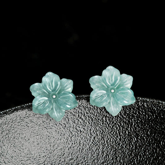 Natural A-grade jadeite blue water orchid earrings ice jade petals S925 silver inlaid ancient style female earrings