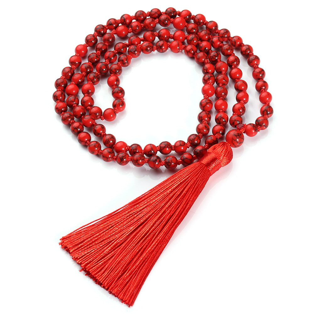 8MM Red Turquoise Mala Beads Necklace with Tree of Life Pendant, Japa Yoga Rosary Prayer Charm Beaded Tassel Necklace, Natural Stone Meditation Statement Necklaces