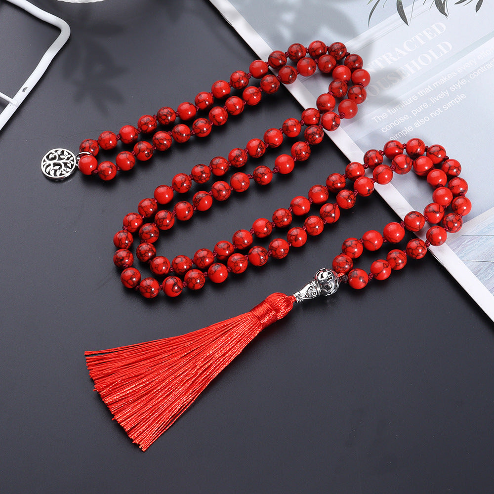 8MM Red Turquoise Mala Beads Necklace with Tree of Life Pendant, Japa Yoga Rosary Prayer Charm Beaded Tassel Necklace, Natural Stone Meditation Statement Necklaces