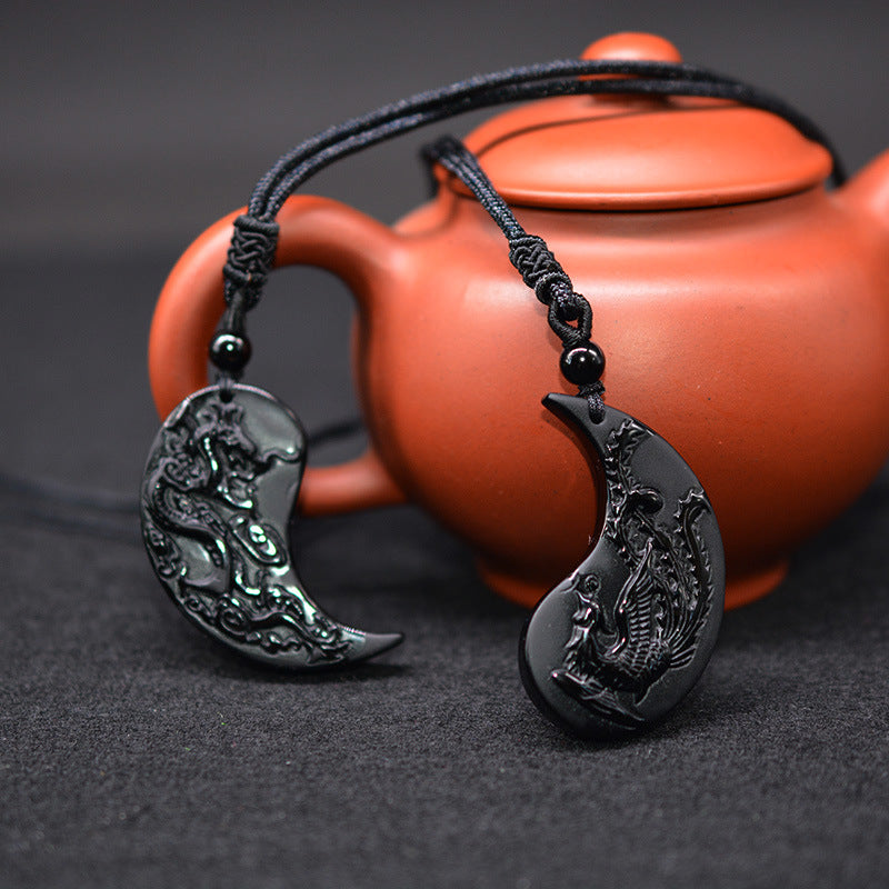 Obsidian Yin Yang Dragon and Phoenix Pendant Necklaces for Couples