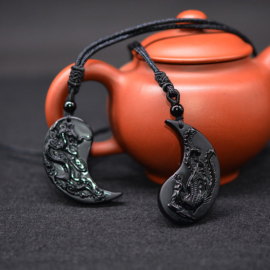 Obsidian Yin Yang Dragon and Phoenix Pendant Necklaces for Couples