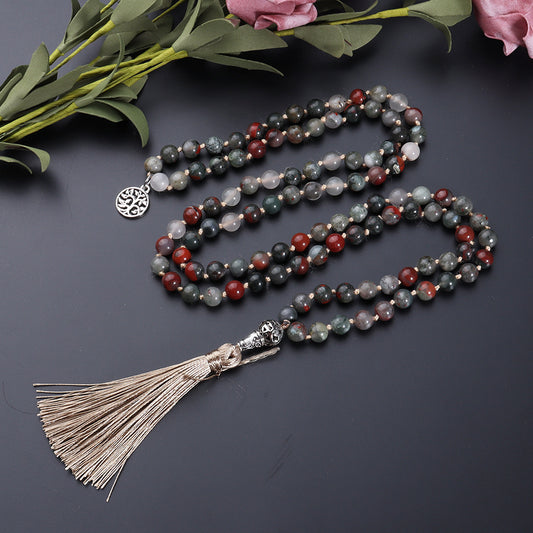 108 Mala Beads Necklace Semi-Precious Agate Gem Stones Necklace, Hand Knotted Japa Mala Beaded Tassel Necklace with Tree of Life Pendant