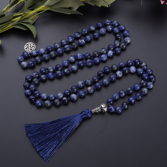 108 Natural Blue Sodalite Lapis Lazuli Stone Handmade Beaded Knot Meditation Yoga Long Necklace, Tree of Life Pendant