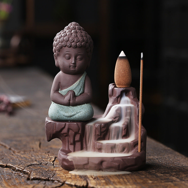 Microfiber Meditating Monk Buddha Smoke Backflow Cone Incense Holder with 10 Scented Cone, Monk Buddha Idol Statues for Home Decor Items Mandir Decorative