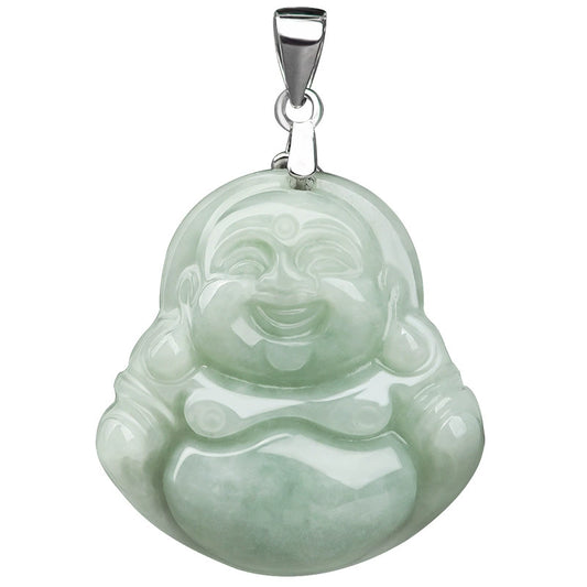 Natural Burmese A-grade jadeite light green small Buddha laughing Buddha pendant S925 silver necklace ice jade pendant