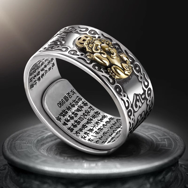 Feng Shui Pixiu Mantra Ring, Pixiu Charms Ring 990 Silver Buddhist Good Luck Amulet Mantra Double Protection Wealth Love Health