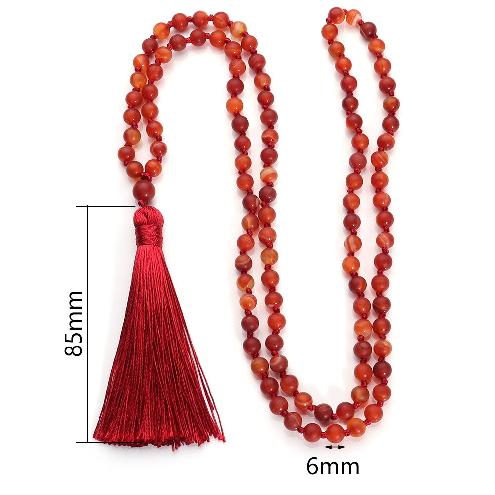 Smooth Natural Red Smooth Agate Mala Beads Necklace, Tassel Holy Beads Garland, 108 Prayer Beads Hand Made Mala Necklace