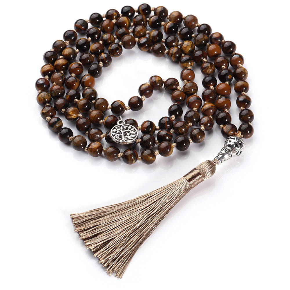 Natural 108 Mala Rosary 8mm Tiger Eye Beads Yoga Buddha Necklace, Japa Mala Prayer Beaded Tassel Tree of Life Necklace, Stone Meditation Statement Necklace